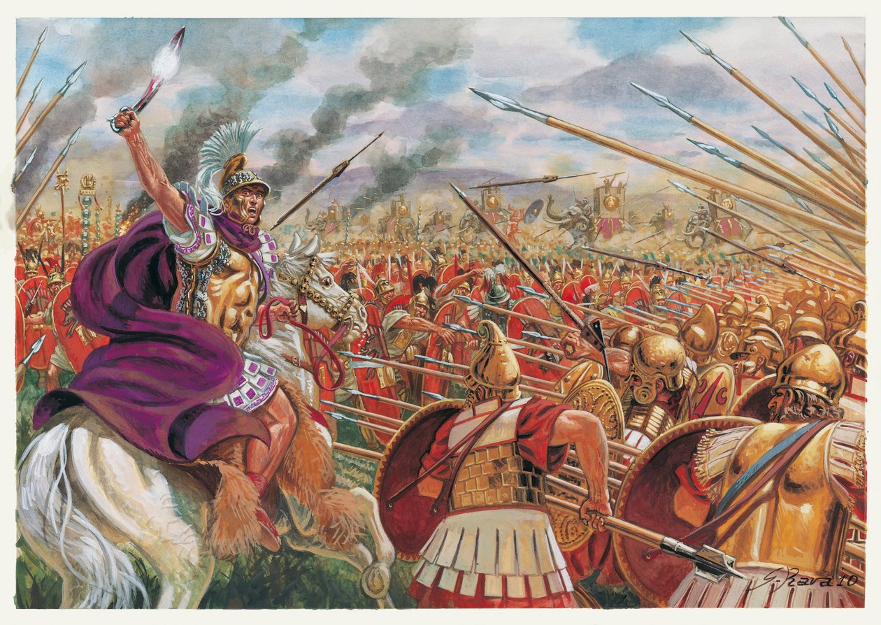 Roman Antiquite: Ausculumin taistelu (279 eKr.) Publius Decius Musin johtaman roomalaisen armeijan ja Epiren kuninkaan Pyrrhus I:n komennossa olleiden Epiren, Taranton, Oscuksen ja Samniittien yhteenliittyneiden joukkojen välillä - Asculumin taistelu (279  tekijältä Giuseppe Rava
