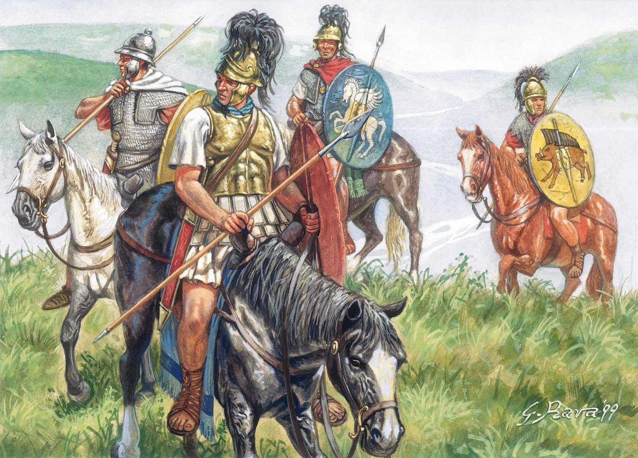 Roman antiquite (tasavalta): joukko roomalaisia ratsumiehiä - Rooman tasavalta: roomalainen ratsuväki - Kuvitus: Giuseppe Rava tekijältä Giuseppe Rava