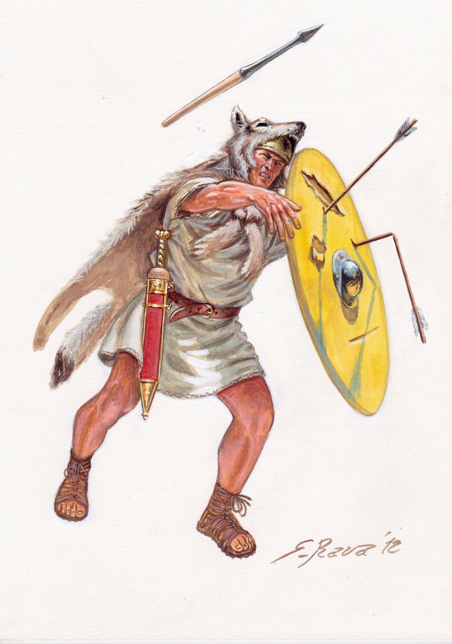 Roman antiquite (Tasavalta): Velite (köyhien vuosisatojen kevyt jalkaväkimies) Rooman armeijasta - Velite roomalaisesta tasavallasta - Kuvitus: Giuseppe Rava tekijältä Giuseppe Rava