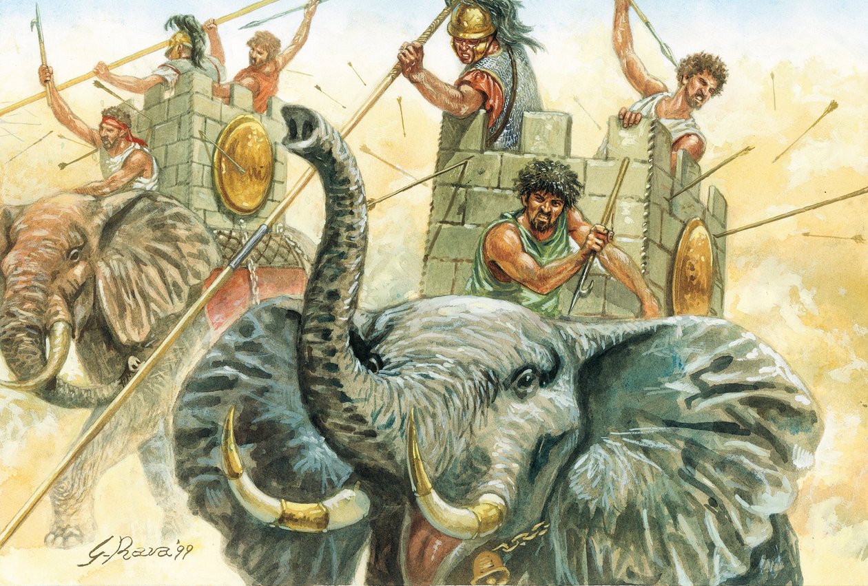 Roman antiquite: Hannibalin elefantit - kuva elefanteista, joiden avulla kenraali Hannibal (247-183 eKr.) ylitti Alpit vuonna 218 eKr. toisen Punisen sodan aikana Kuvitus: Giuseppe Rava tekijältä Giuseppe Rava