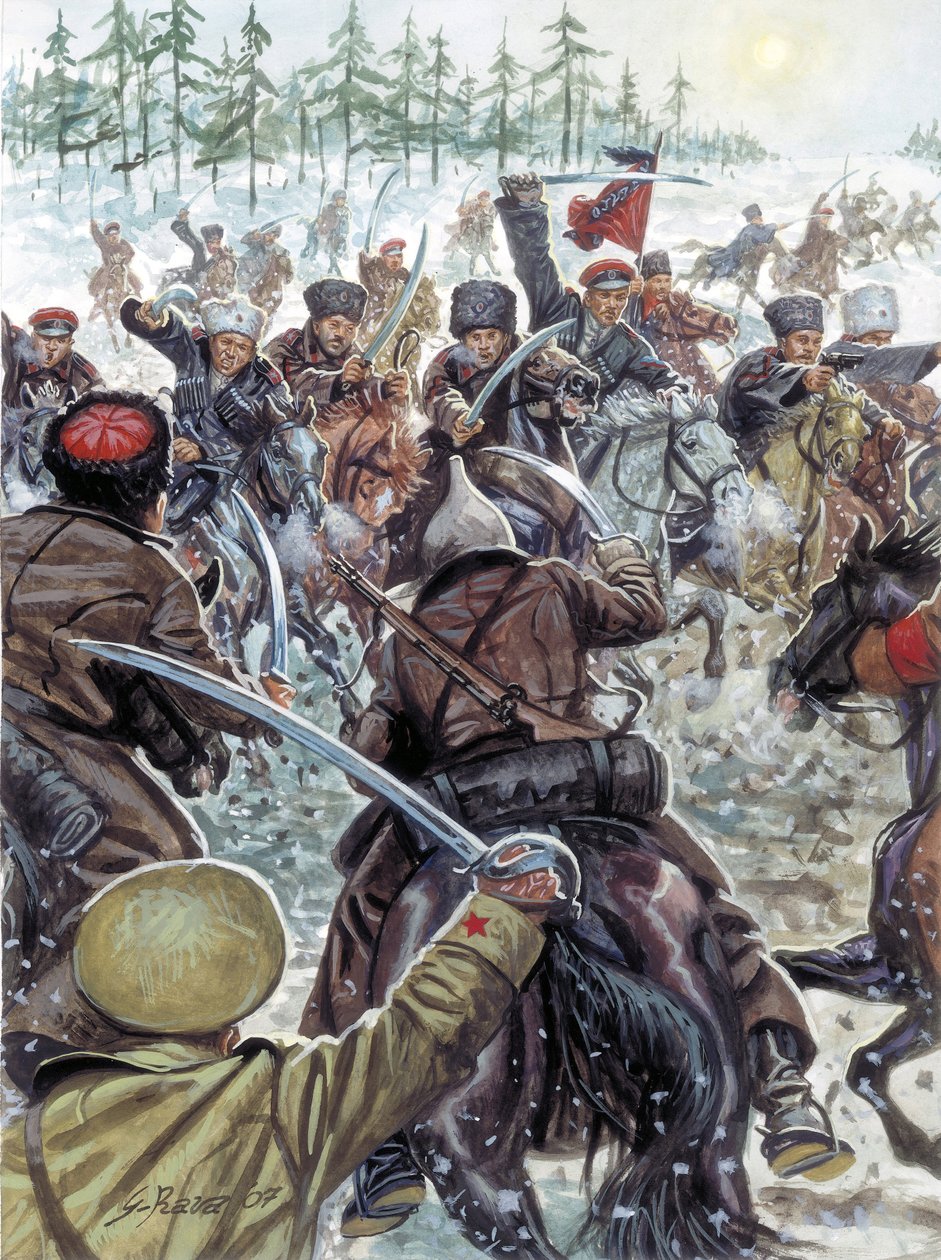 Venäjän sisällissota (1917-1923): Venäjän sisällissota: kasakat taistelevat valkoista Venäjän armeijaa vastaan vuonna 1919 - Kuvitus: Giuseppe Rava tekijältä Giuseppe Rava