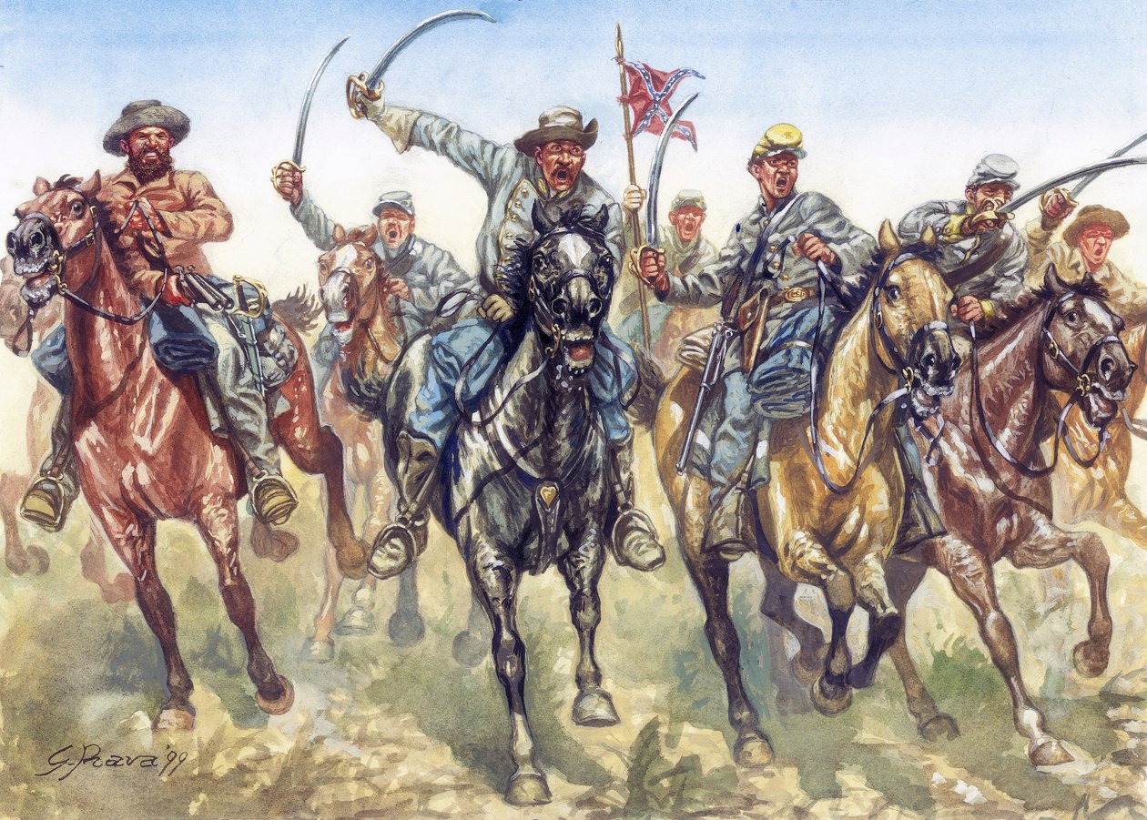 Secession War (1861-1865) - Amerikan sisällissota: Konfederaation ratsuväki hyökkää - Kuvitus: Giuseppe Rava tekijältä Giuseppe Rava