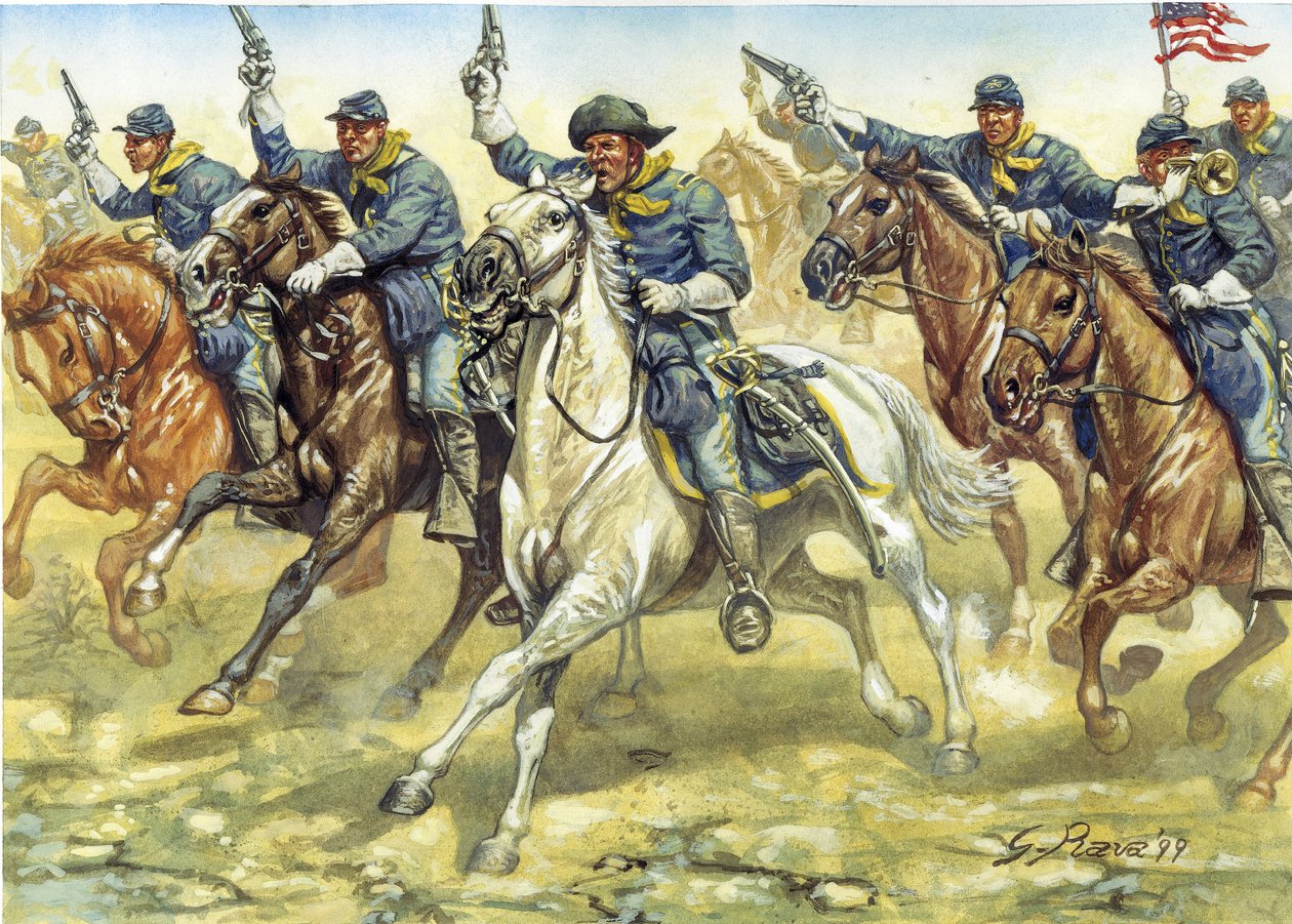Secessionsota (1861-1865): pohjoisen ratsuväen (Unioni) sotilaat taistelun aikana - Amerikan sisällissota: pohjoisen ratsuväen (Unioni) sotilaat taistelun aikana - Kuvitus: Giuseppe Rava tekijältä Giuseppe Rava