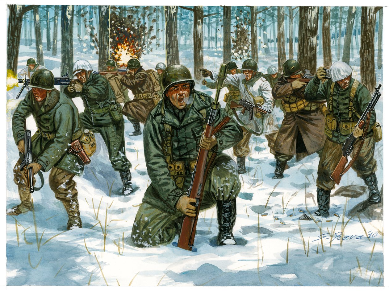 Toinen maailmansota: Amerikkalaisen jalkaväen hyökkäys Ardennien taistelussa Bastognessa, joulukuu 1944 - Toinen maailmansota: amerikkalaisen hyökkäyksen aikana Battle of the Bulge, joulukuu 1944 - Kuvitus: Giuseppe Rava tekijältä Giuseppe Rava