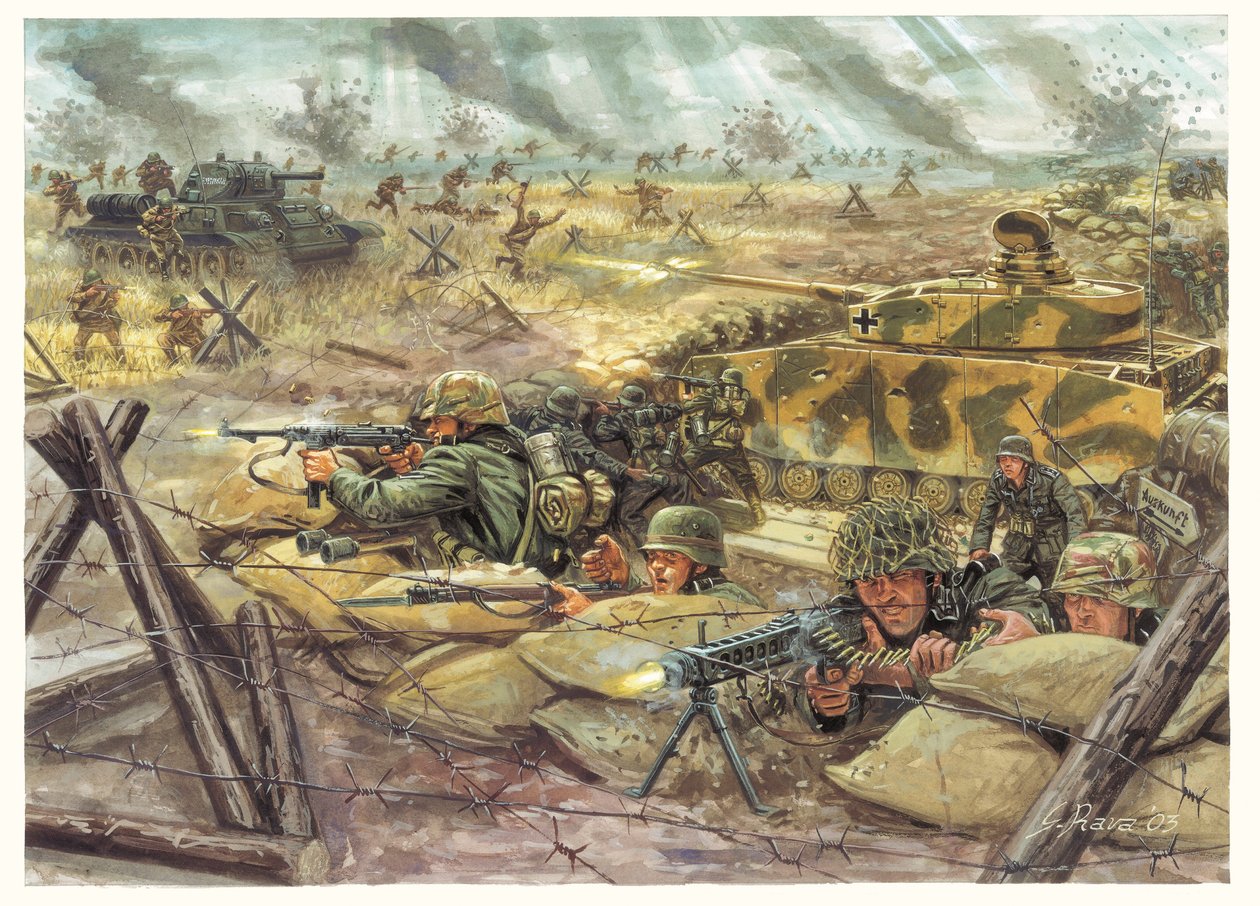 Toinen maailmansota: Kurskin taistelu 1943 Saksan ja Neuvostoliiton joukkojen välillä - WWII: Kurskin taistelu Saksan ja Neuvostoliiton joukkojen välillä vuonna 1943 - Kuvitus: Giuseppe Rava tekijältä Giuseppe Rava