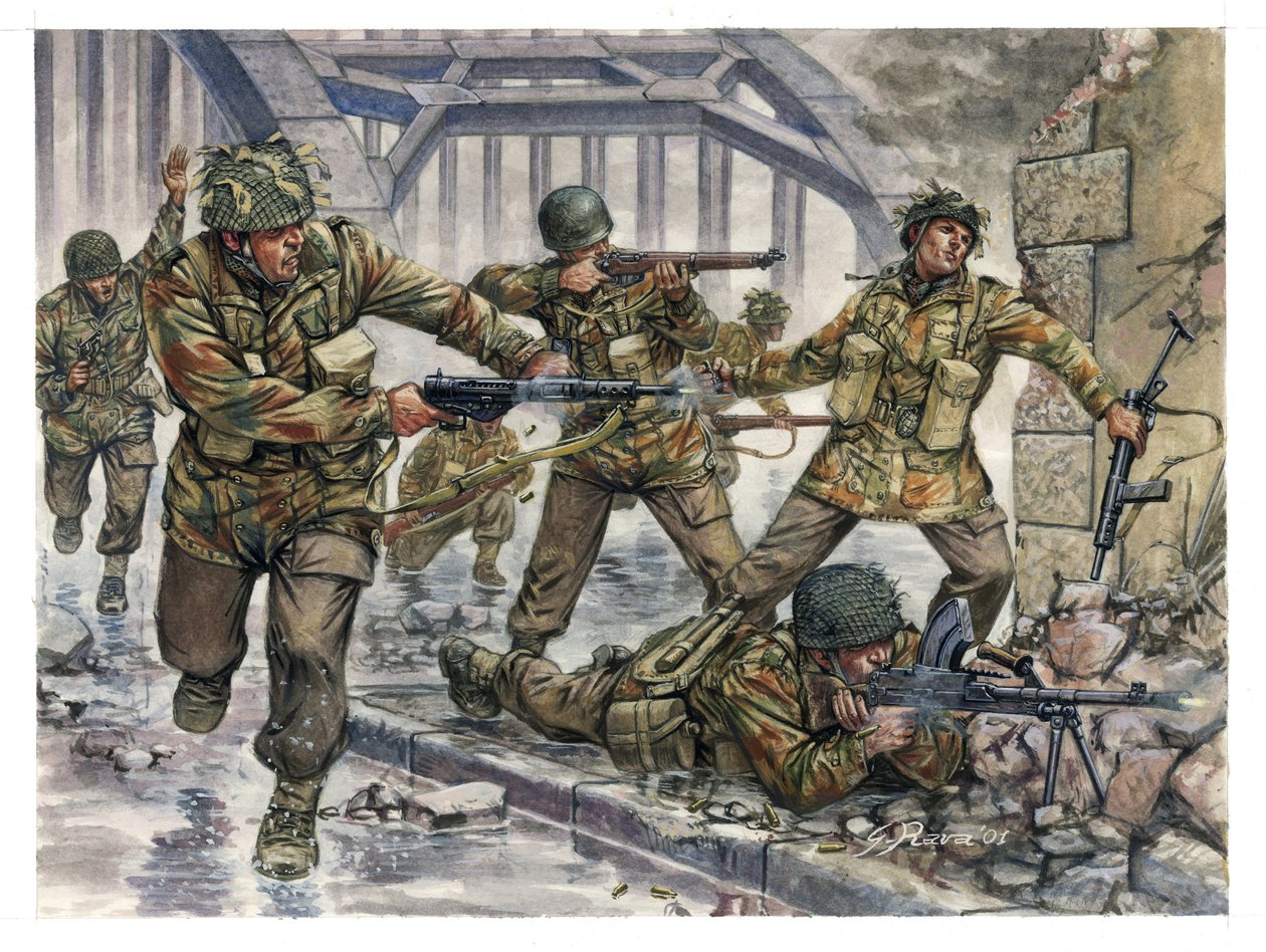 Toinen maailmansota: Englantilaisia laskuvarjojääkäreitä, lempinimeltään "Punaiset paholaiset", operaatio Market Gardenissa Hollannissa syyskuussa 1944 - Toinen maailmansota: Market Garden -operaatiossa punaisina paholaisina tunnettuja englantilaisia lasku tekijältä Giuseppe Rava