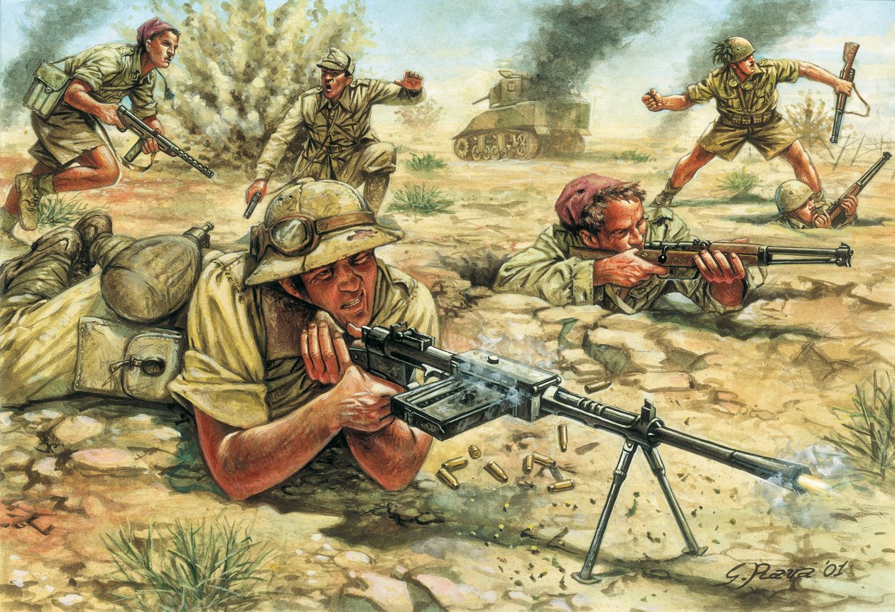 Toinen maailmansota: Italian armeijan sotilaat (jalkaväki ja bersaglieri) Libyassa Italian miehityksen aikana vuosina 1934-1943 - Toinen maailmansota: Italian bersaglieri ja jalkaväki Italian miehityksen aikana Libyassa. tekijältä Giuseppe Rava