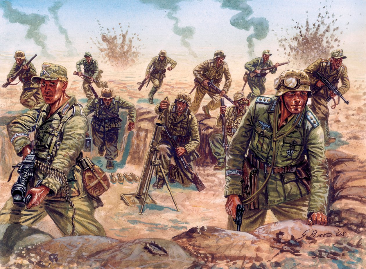 Toinen maailmansota, Pohjois-Afrikan kampanja: Saksan sotaretkikunnan Deutsches Afrikakorpsin (Afrika Korps, Afrikakorps tai DAK) sotilas Libyan autiomaassa. tekijältä Giuseppe Rava