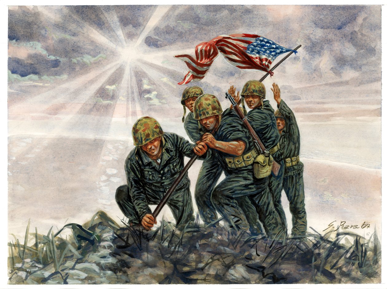 Toinen maailmansota, Tyynenmeren sota: Iwo Jiman taistelu, Yhdysvaltain merijalkaväen voitto helmikuussa 1945 - WWII, Tyynenmeren sota: Iwo Jiman taistelu (operaatio Detachment), Yhdysvaltain merijalkaväen sotilaat nostavat Amerikan lipun, helmikuu 1945, J tekijältä Giuseppe Rava