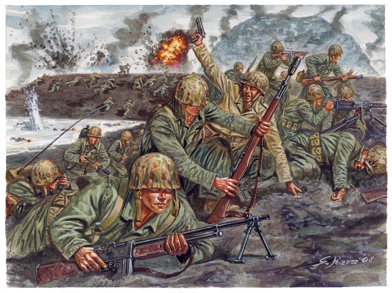 Toinen maailmansota, Tyynenmeren sota: Merijalkaväen amfibiojoukkojen maihinnousu 19.2.1945 Iwo Jiman taistelussa Japanissa - WWII, Tyynenmeren sota: Iwo Jiman taistelu (operaatio Detachment), Yhdysvaltain merijalkaväen amfibio-joukkojen maihinnousu 19. he tekijältä Giuseppe Rava