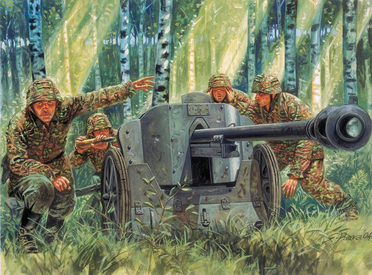 Toinen maailmansota: Panzerabwehrkanone 38 tai Pak 38, saksalainen panssarintorjuntatykki - Toinen maailmansota: 5 cm Pak 38, saksalainen panssarintorjuntatykki, kaliiperi 50 mm - Kuvitus: Giuseppe Rava tekijältä Giuseppe Rava