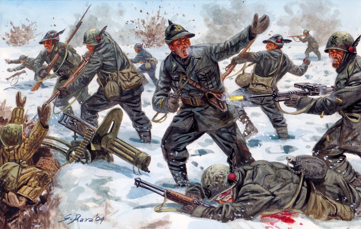 Toinen maailmansota, Venäjän rintama: WWII, Venäjän rintama: italialaiset alppimetsästäjät Venäjällä tammikuussa 1943 - Kuvitus: Giuseppe Rava tekijältä Giuseppe Rava