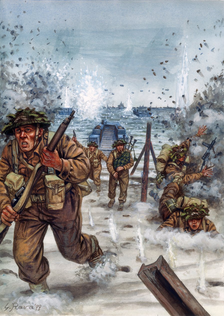 Toinen maailmansota: Skotlantilaisia sotilaita Normandian maihinnousun aikana 6/06/1944 - WWII, D day: Skotlantilaiset sotilaat maihinnousupäivänä Normandiassa 6. kesäkuuta 1944 - Kuvitus: Giuseppe Rava tekijältä Giuseppe Rava