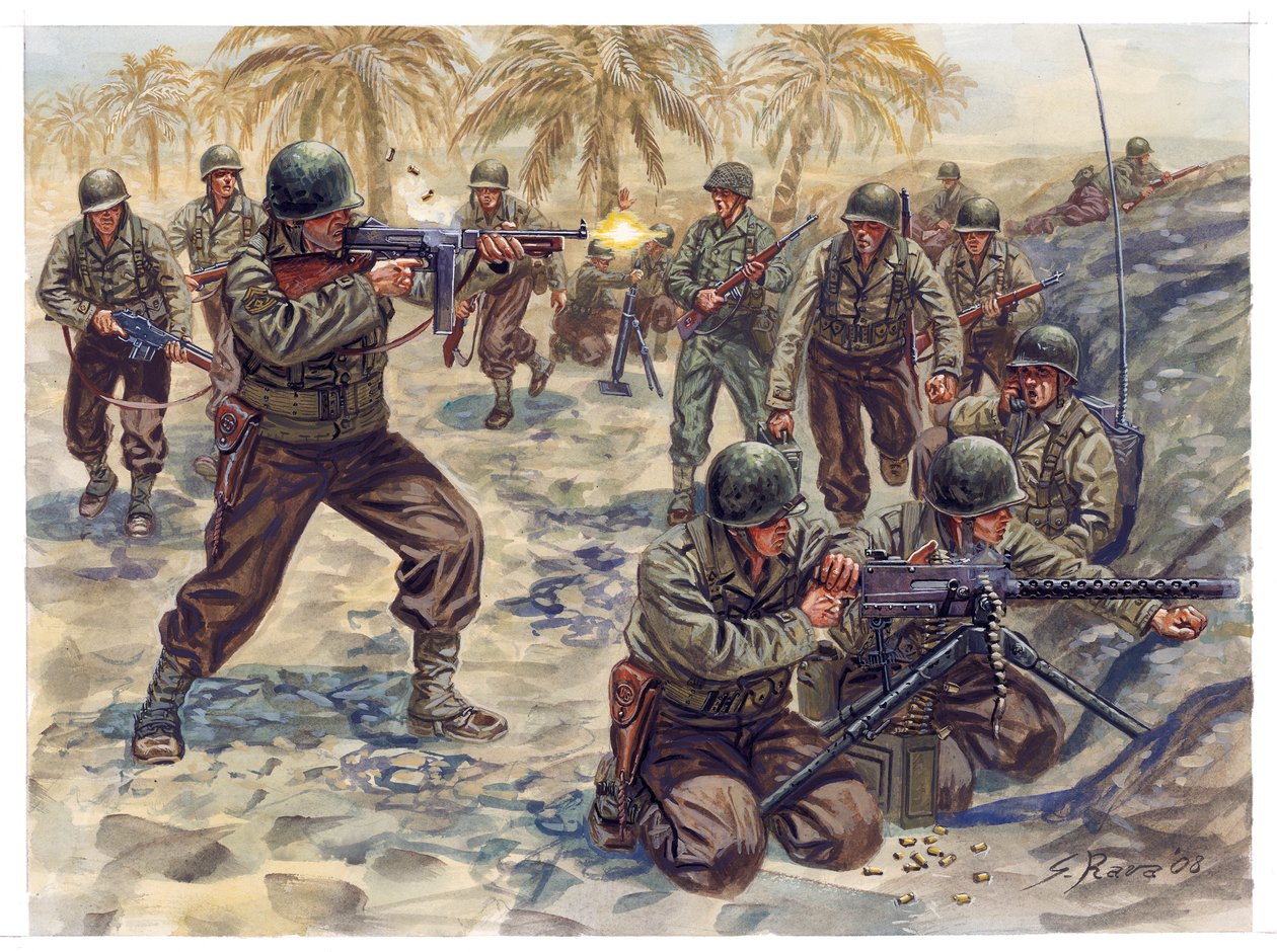 Toinen maailmansota, Tunisian kampanja: Tunisian taistelu: Amerikkalaisen jalkaväen hyökkäys Tunisian taistelussa tekijältä Giuseppe Rava