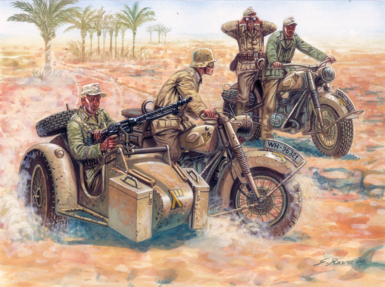 Toinen maailmansota: Deutsches Afrikakorps (DAK Afrika Korps)) liikkuu Libyan autiomaassa sivuvaunuilla BMW:llä. tekijältä Giuseppe Rava