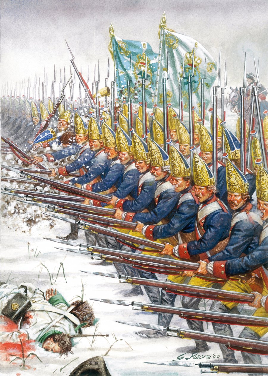 Seitsemänvuotinen sota: Preussin armeijan grenadöörejä Leuthenin taistelussa, 05/12/1757 - Potsdamin kaartin paraati Leuthenissa 5. joulukuuta 1757 seitsemänvuotisen sodan aikana - Kuvitus: Giuseppe Rava tekijältä Giuseppe Rava