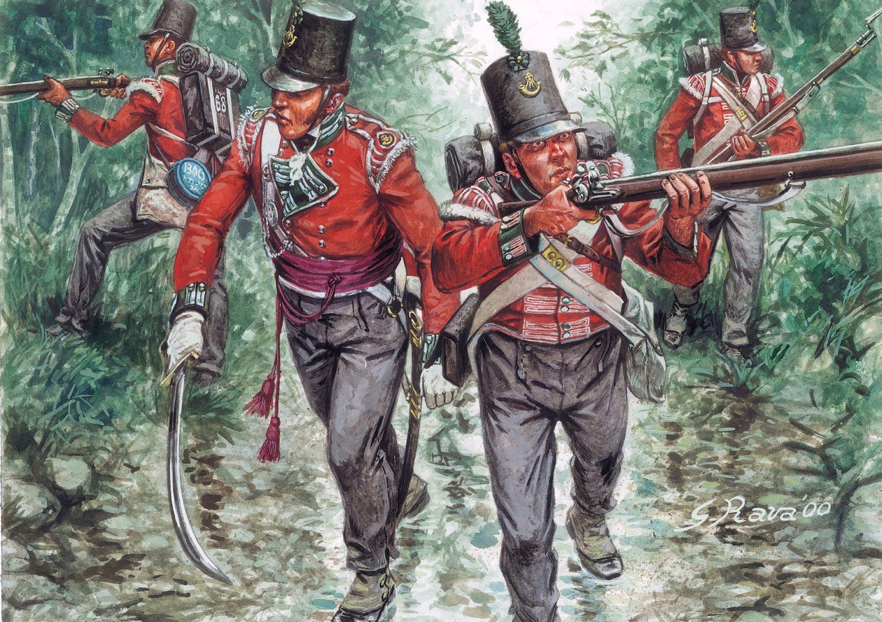 Brittiläisen jalkaväen sotilaat partioimassa noin vuonna 1810 - (Soldiers from the British Infantry) - (Brittiläisen jalkaväen sotilaat tekijältä Giuseppe Rava
