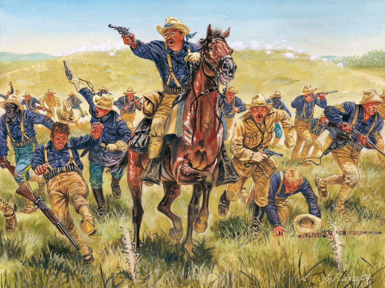 Espanjan ja Pohjois-Amerikan välinen espanjan-amerikkalainen sota tai Kuuban itsenäisyyssota (1868-1898): muotokuva amerikkalaisesta sotilaasta ja poliitikosta Theodore Rooseveltista (1858-1919), joka hyökkää Rough riders -joukkojensa kanssa Kuubassa - esp tekijältä Giuseppe Rava