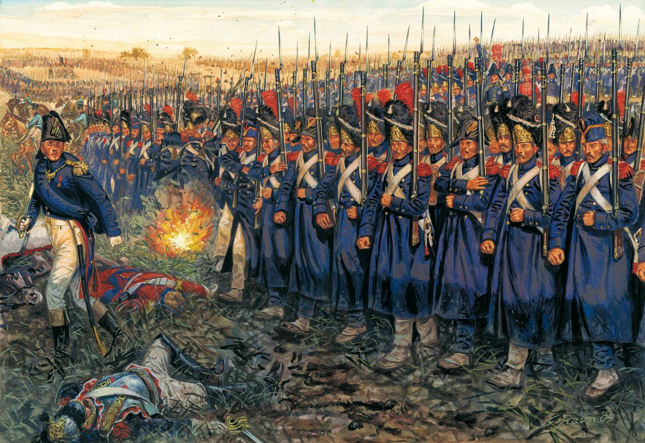 Keskikaartin hyökkäys Wellingtonin keskustaa vastaan Waterloon taistelussa 18. kesäkuuta 1815 "Napoleon I:n (1769-1821) keisarillinen kaarti marssii Wellingtonin herttuan joukkoja vastaan Waterloon taistelussa". tekijältä Giuseppe Rava