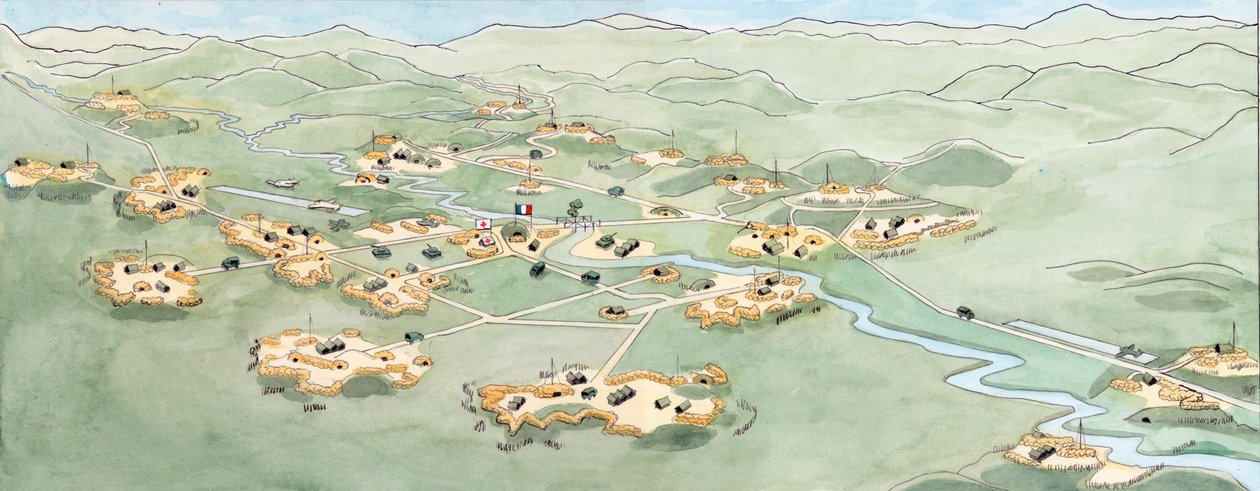 Indokiinan sota: Ranskan armeijan ja Vietnamin armeijan välinen taistelu marraskuusta 1953 toukokuuhun 1954 - Ensimmäinen Indokiinan sota: kartta Dien Bien Phun taistelusta Ranskan unionin Ranskan Kaukoidän retkikunnan välillä. tekijältä Giuseppe Rava