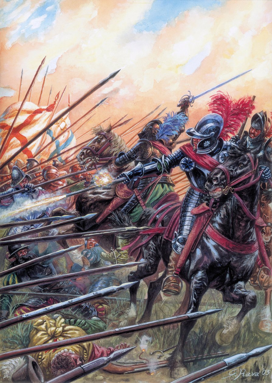 Uskonsodat: Ivryn taistelussa 14.3.1590 kuninkaallinen armeija voitti katolisen liiton - Ivryn taistelua vietettiin 14. maaliskuuta 1590 Ranskan uskonsotien aikana - Kuvitus: Giuseppe Rava tekijältä Giuseppe Rava