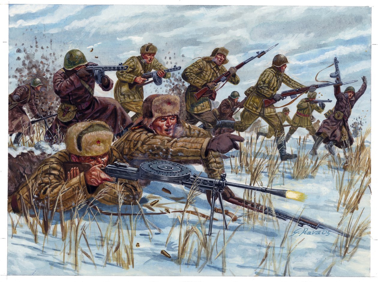 Toinen maailmansota: WWII: Venäläiset jalkaväen sotilaat etenevät taistelukentällä - WWII: Venäläiset jalkaväen sotilaat etenevät taistelukentällä - Kuvitus: Giuseppe Rava tekijältä Giuseppe Rava