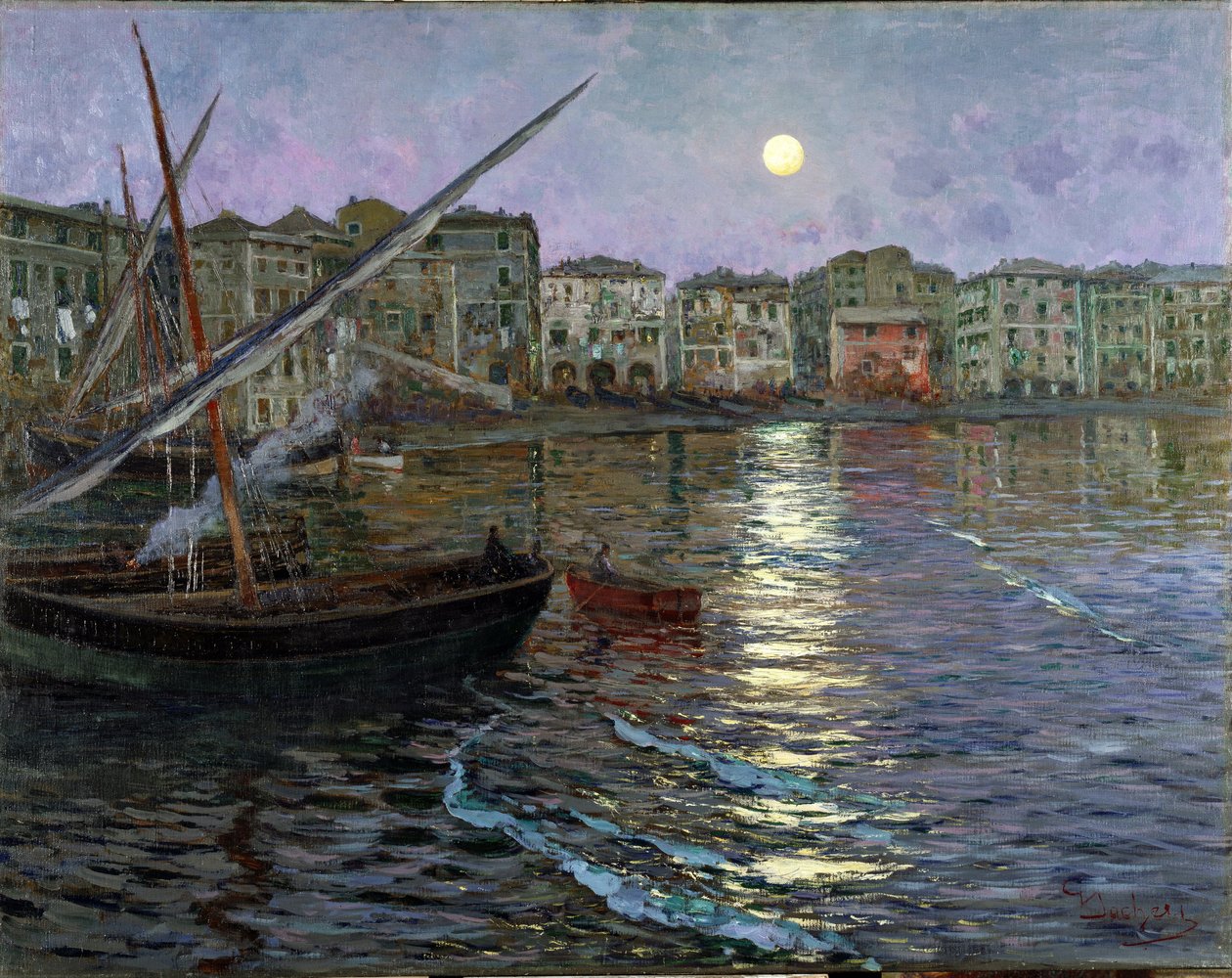 Poesia Lunare Port in the Moonlight (näkymä satamaan kuunvalossa) (öljy kankaalle) tekijältä Giuseppe Sacheri