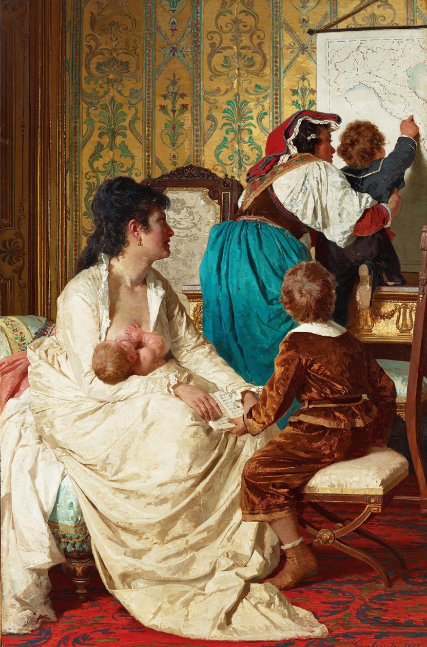 ""Les joies de la bonne mere"" (Hyvän äidin ilot) Vauvaa imettävä äiti - Giuseppe Sciutin (1834-1911) maalaus 1877 Yksityinen kokoelma tekijältä Giuseppe Sciuti