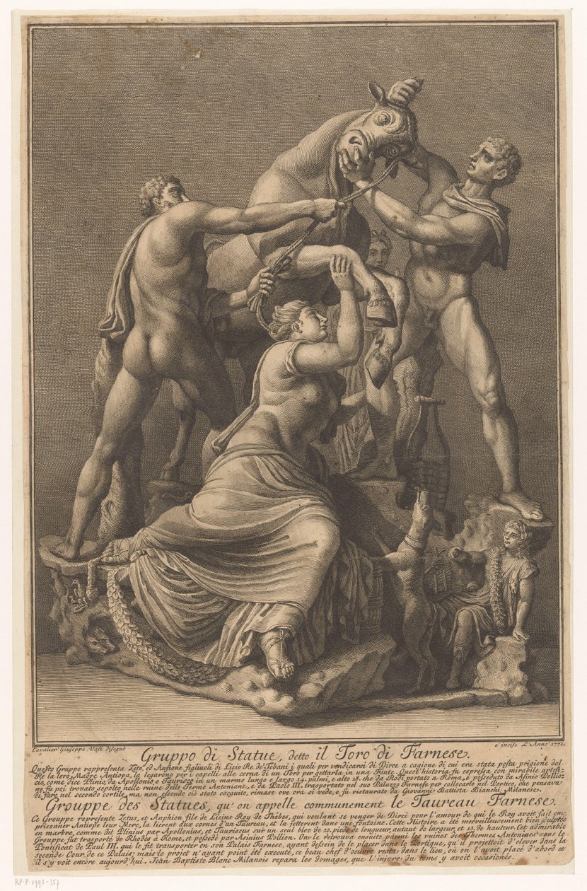 Dirce wordt aan een stier gebonden Farnese Stier Patsasryhmä, nimeltään Farnese Bull / Grouppe des Statues, qu 