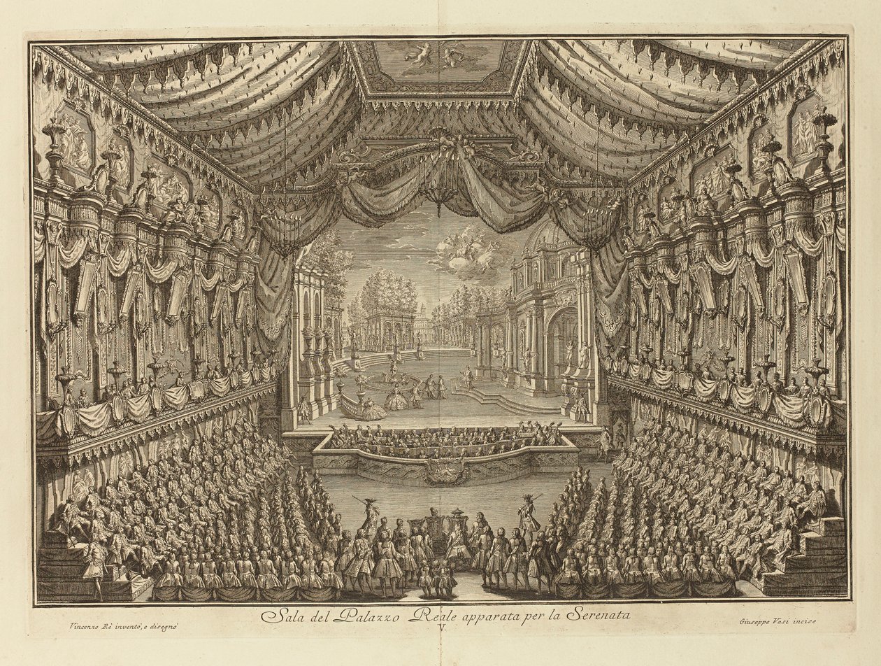 La Serenata -esitys Napolin kuninkaallisessa palatsissa par Vasi, Giuseppe (1710-1782). Kuparikaiverrus, koko: 41,5x62 tekijältä Giuseppe Vasi
