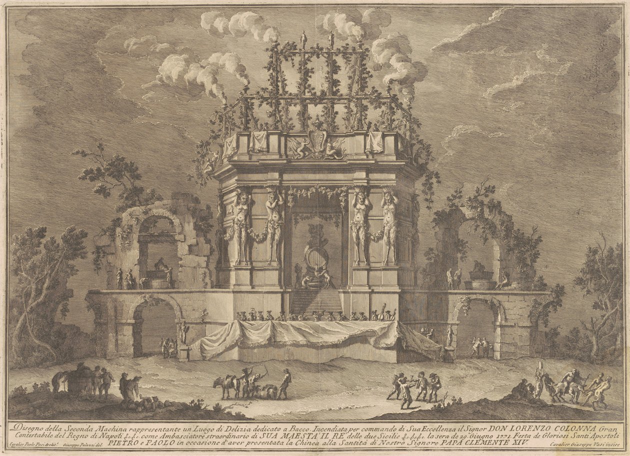The Seconda Macchina for the Chinea 1771: Bacchukselle omistettu ilopalatsi, 1771. tekijältä Giuseppe Vasi