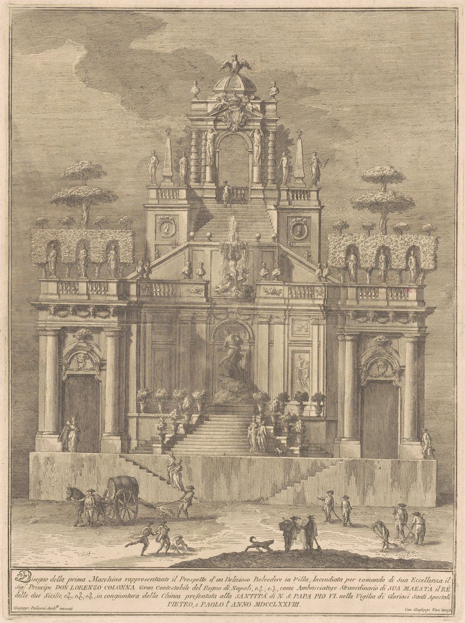 Chinean Prima Macchina 1778: Belevedere maaseudulla Herculesin ja Antaeuksen kanssa tekijältä Giuseppe Vasi, after Giuseppe Palazzi