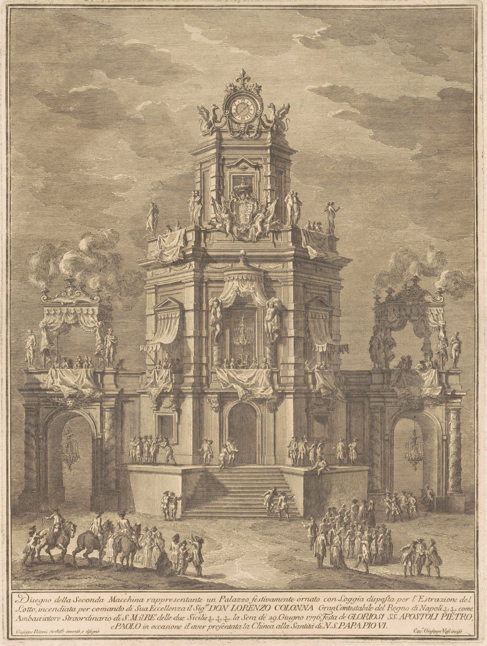 Chinean Seconda Macchina 1776: Palatsi loggialla lottoarvontaan tekijältä Giuseppe Vasi, after Giuseppe Palazzi