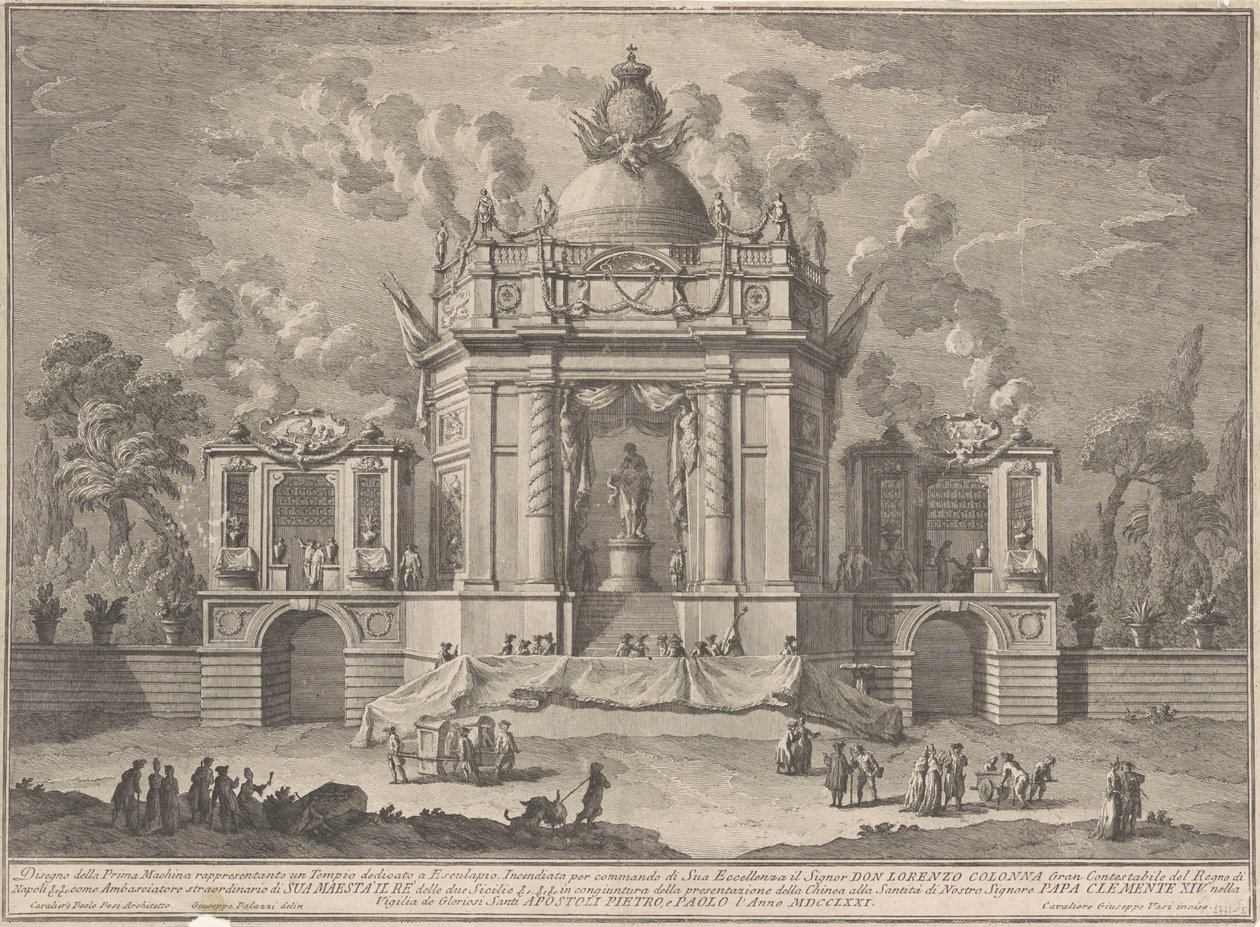 Chinean Prima Macchina 1771: Asklepiuksen temppeli tekijältä Giuseppe Vasi, after Giuseppe Palazzi, after Paolo Posi