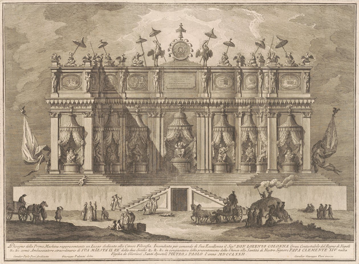 Prima Macchina Kiinalle 1772: Kiinalaiselle filosofialle omistettu rakennus tekijältä Giuseppe Vasi, after Giuseppe Palazzi, after Paolo Posi
