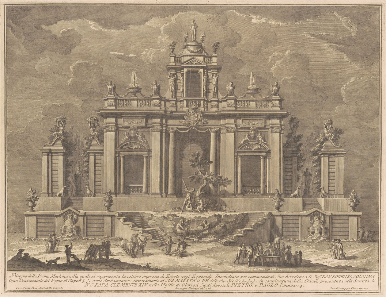 Chinean Prima Macchina 1774: Herkules ja lohikäärme Hesperidien puutarhassa tekijältä Giuseppe Vasi, after Giuseppe Palazzi, after Paolo Posi