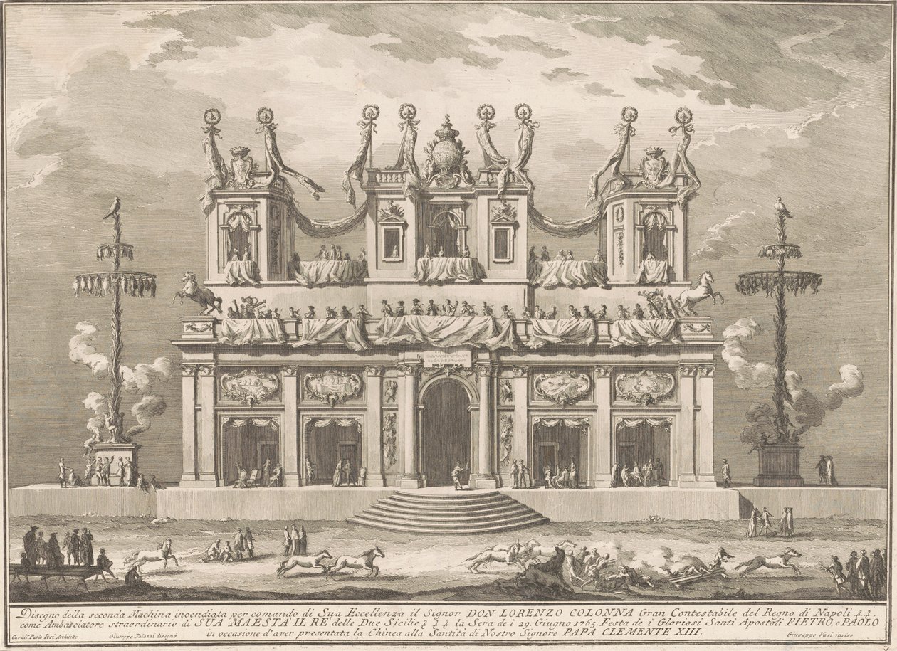 Seconda Macchina Chinealle vuodelta 1765: koristeltu rakennus Cockaigne-pylväillä tekijältä Giuseppe Vasi, after Giuseppe Palazzi, after Paolo Posi