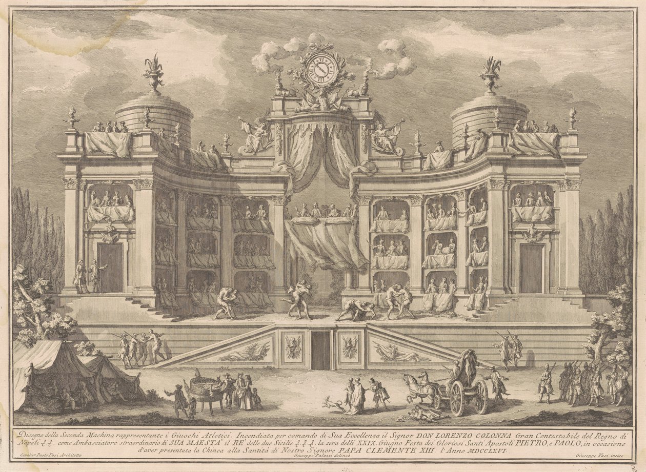 The Seconda Macchina for the Chinea 1766: Theater for the Athletic Games tekijältä Giuseppe Vasi, after Giuseppe Palazzi, after Paolo Posi