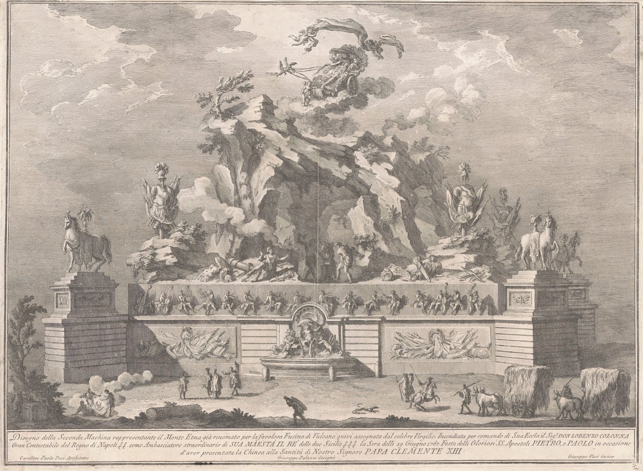 Chinean Seconda Macchina vuodelta 1767: Etna ja Vulcanin takomo tekijältä Giuseppe Vasi, after Giuseppe Palazzi, after Paolo Posi