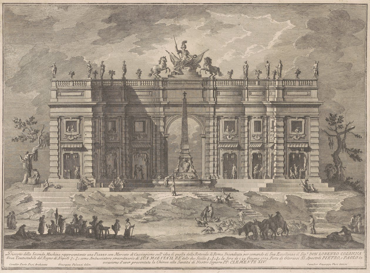 Seconda Macchina Kiinan vuodelta 1772: aukio pelitorilla ja Pantheon-suihkulähteellä tekijältä Giuseppe Vasi, after Giuseppe Palazzi, after Paolo Posi
