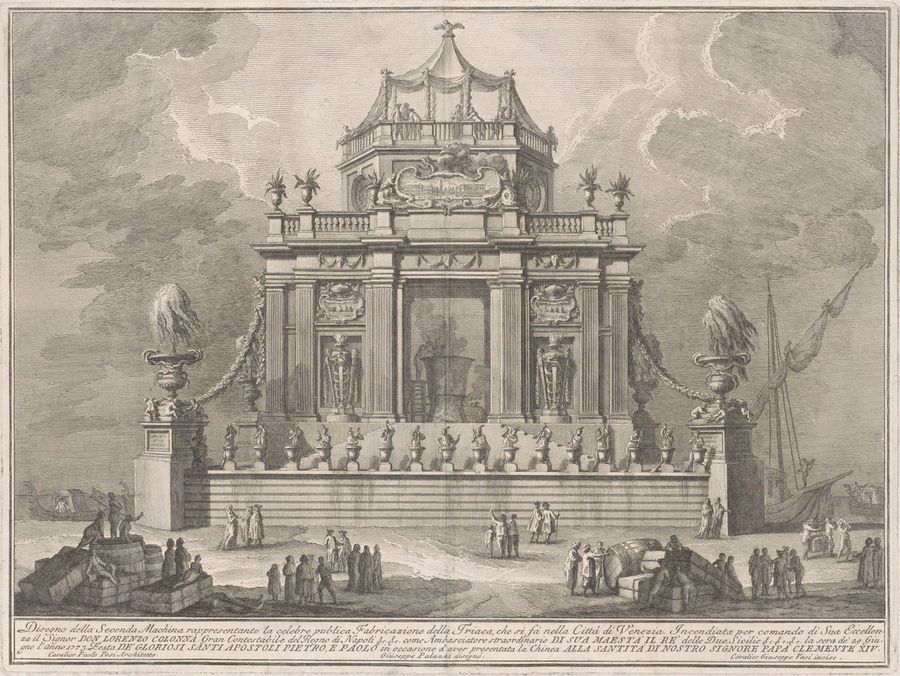 Seconda Macchina Kiinalle 1773: Theriacin valmistus Venetsiassa tekijältä Giuseppe Vasi, after Giuseppe Palazzi, after Paolo Posi