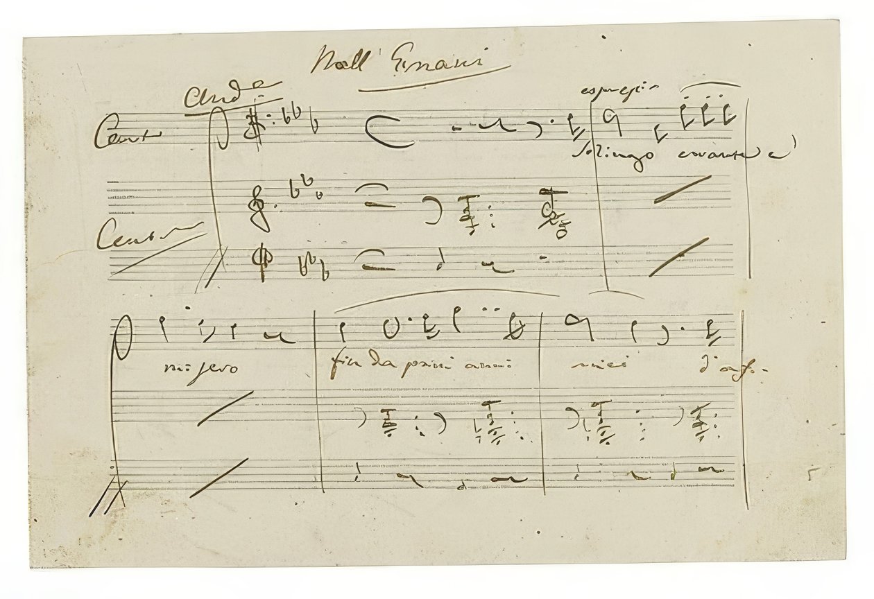 Nimikirjoitus: Opera Ernani, Finalarie Solingo, errante e misero. 1840-luvun alku tekijältä Giuseppe Verdi