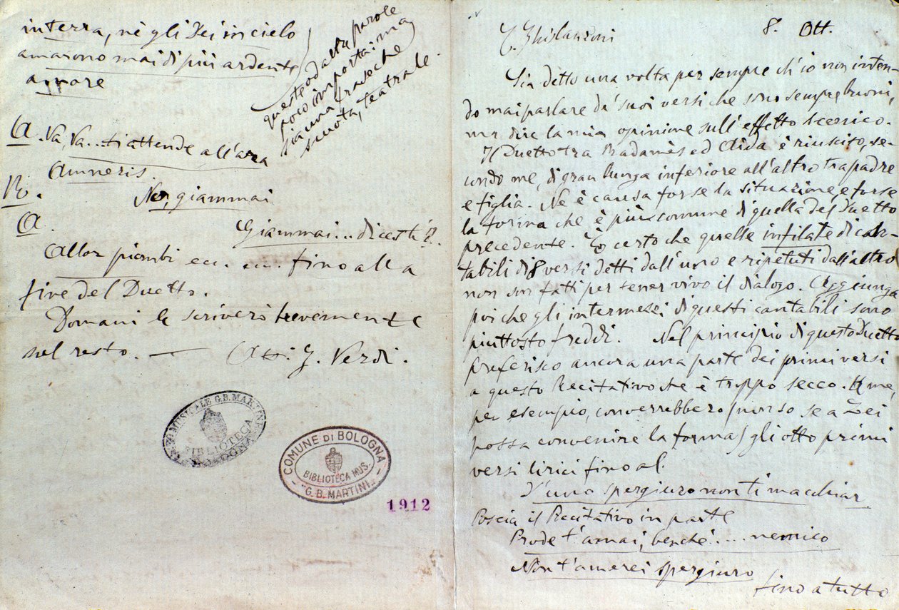 Giuseppe Verdin käsinkirjoitettu kirje Aida-librettojen kirjoittajalle Antonio Ghislanzonille tekijältä Giuseppe Verdi