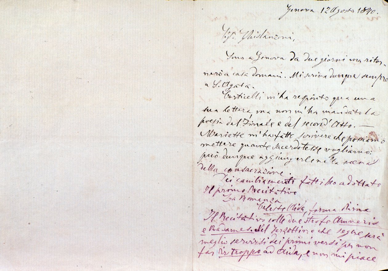 Giuseppe Verdin käsinkirjoitettu kirje Aida-librettojen kirjoittajalle Antonio Ghislanzonille tekijältä Giuseppe Verdi