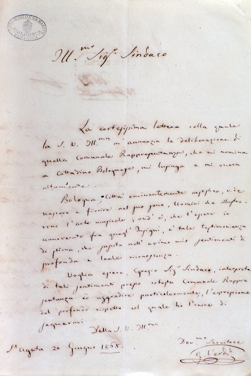 Giuseppe Verdin käsinkirjoitettu kirje Bolognan pormestarille, kun hänestä tuli kunniakansalaisuus, 20. kesäkuuta tekijältä Giuseppe Verdi