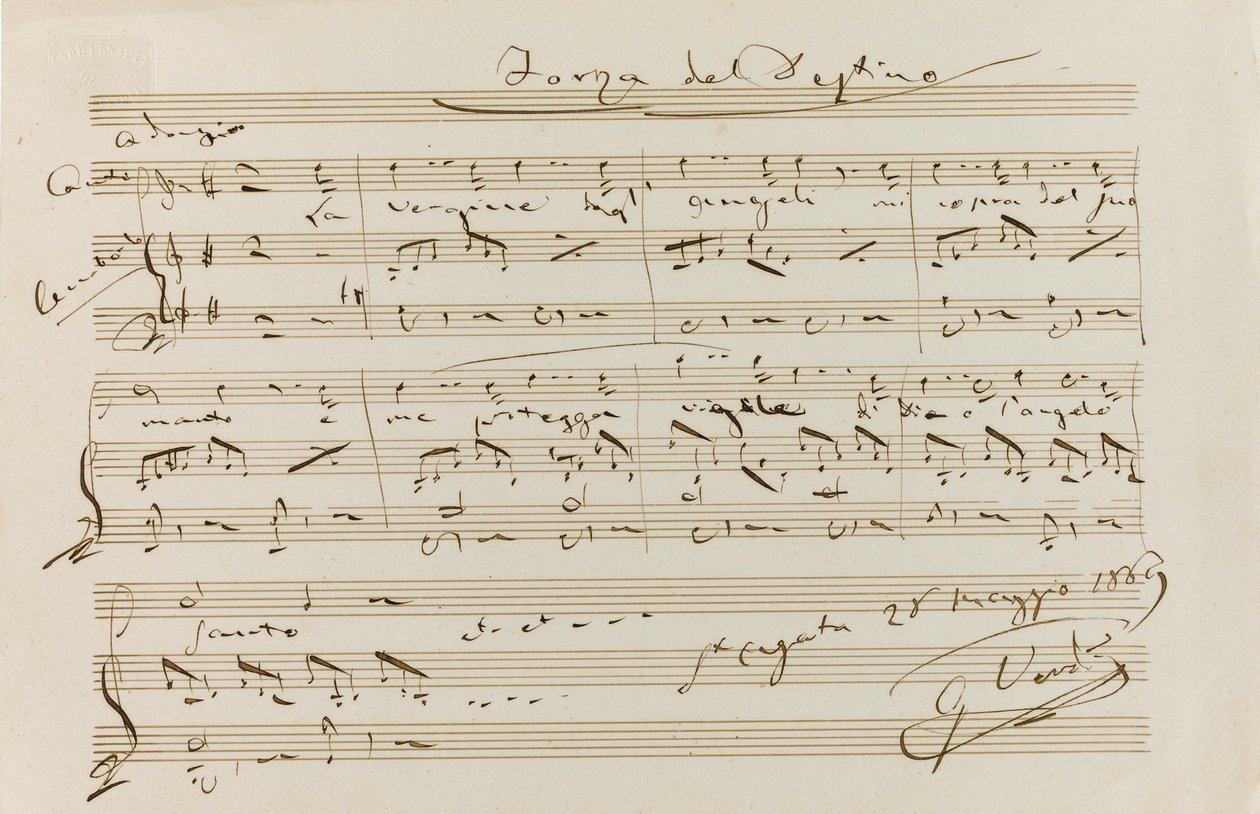 Musiikkilainaus kirjasta The Force of Destiny, St Agata, 28.5.1869, 1869. tekijältä Giuseppe Verdi