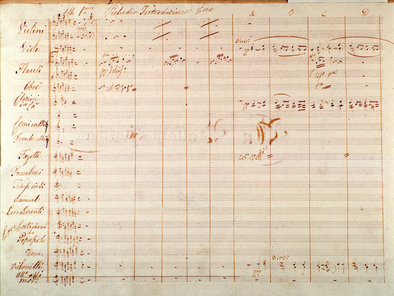 Giuseppe Verdin oopperan Un ballo in maschera -partituurin ensimmäisen painoksen sivu tekijältä Giuseppe Verdi