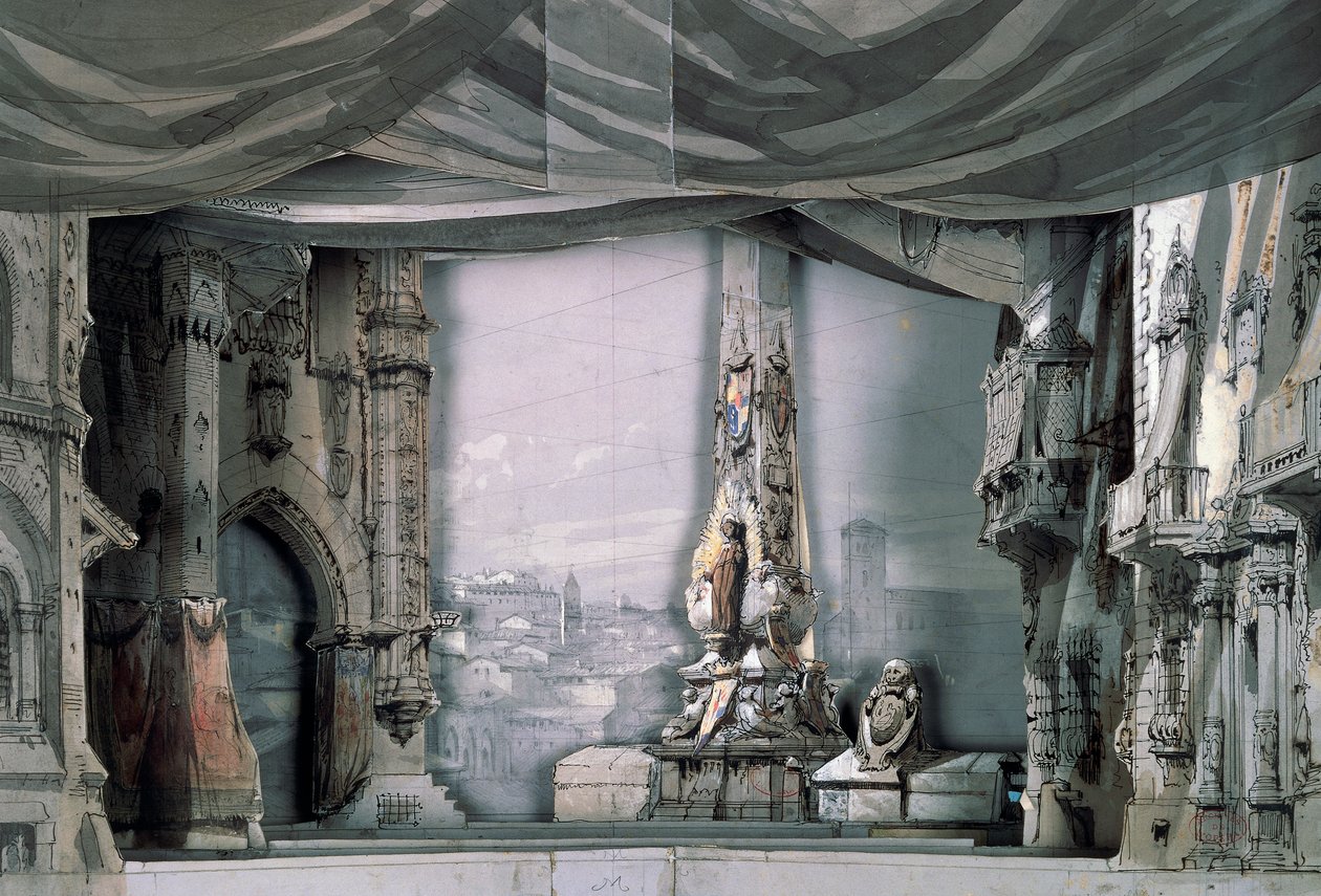 Valladolidin katedraalin edessä oleva aukio, III näytös, kohtaus IV, Charles Camponin lavastus Giuseppe Verdin (1813-1901) Don Carlosille, esitys Pariisissa, Salle Le Peletier -oopperatalo, 11. maaliskuuta tekijältä Giuseppe Verdi
