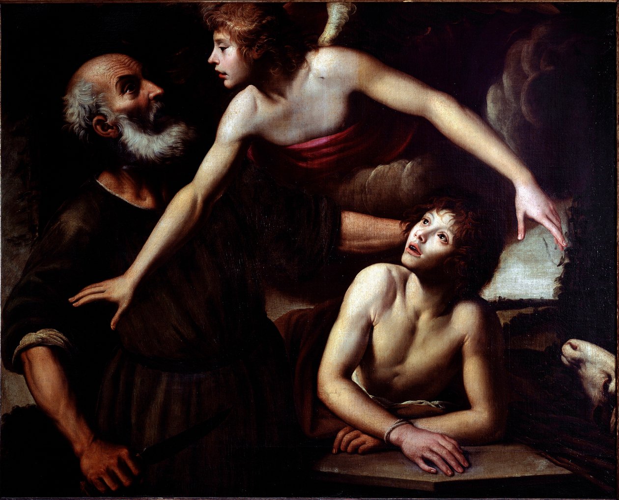 Iisakin uhri Enkeli Pysäytä Abrahamin käsi (Iisakin uhri) Giuseppe Vermiglion (1585-1635) maalaus 1600-luvulta Genes, Musei di Strada Nuova (ex Palazzo Bianco) tekijältä Giuseppe Vermiglio