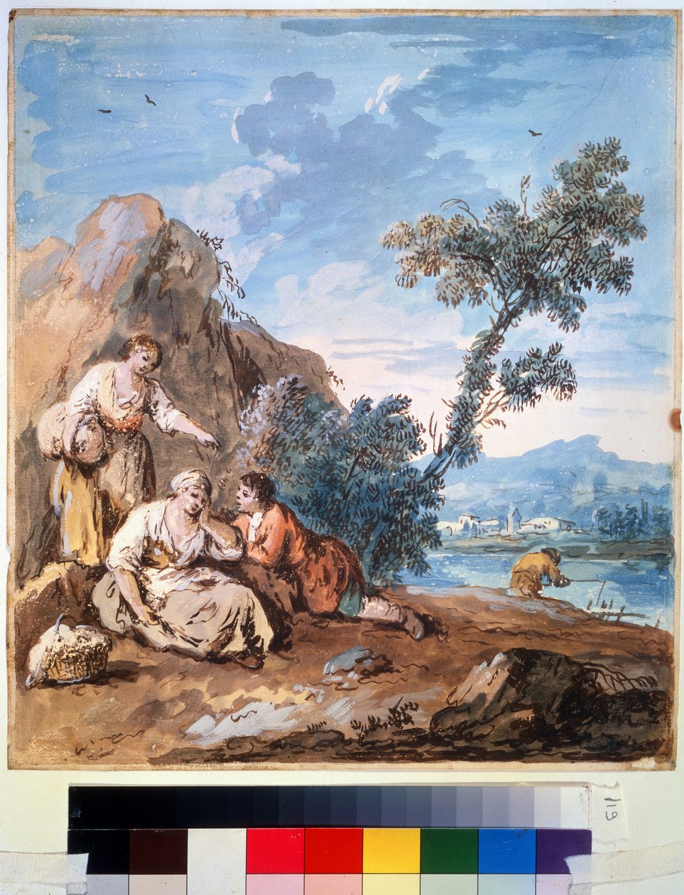 Kolme talonpoikaa lepäämässä joen rannalla. Giuseppe Zaisin (1709-1784) maalaus. Akvarelli paperille, 29,5 x 26,2 cm, noin 1750. Venetsialainen koulukunta, italialainen maalaus 1700-luku. Pushkinin taidemuseo, tekijältä Giuseppe Zais